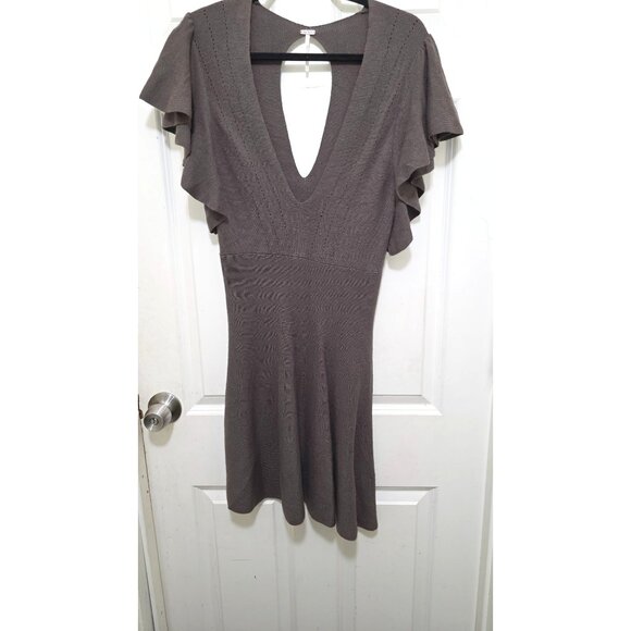 Free People Olive Green Women's Knit Flutter Sleeve Dress Deep V-Neckline & Open - Picture 2 of 8